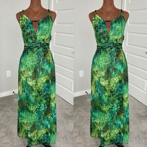 90s Vintage Sheri Martin New York Green Tropical Print Chiffon Maxi Dress 10